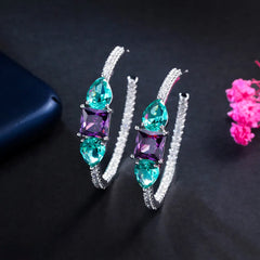 Top Quality Green Purple Stone Cubic Zirconia Silver Plated Big Hoop Earrings