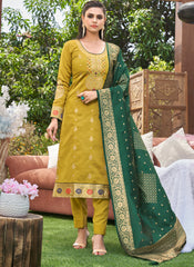 Yellow and Green Semi-Banarasi Silk Suit