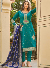 Rama and Blue Semi-Banarasi Silk Suit