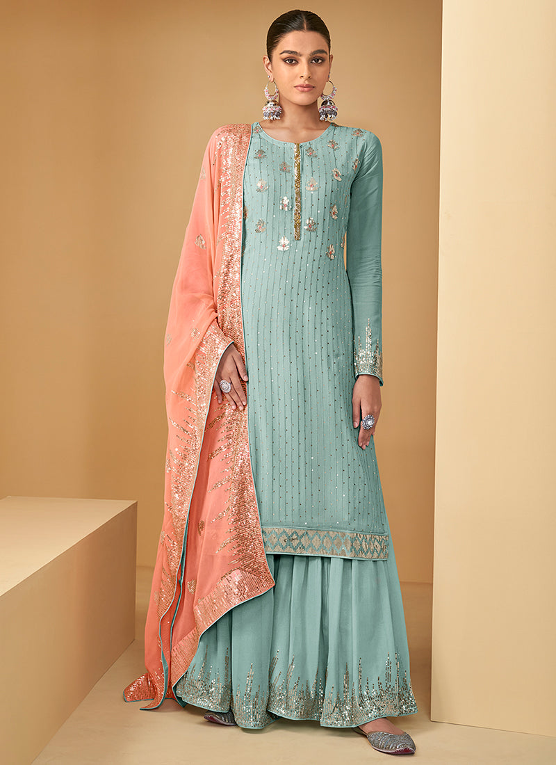 Blue And Peach Sequence Embroidery Georgette Gharara Suit - nirshaa