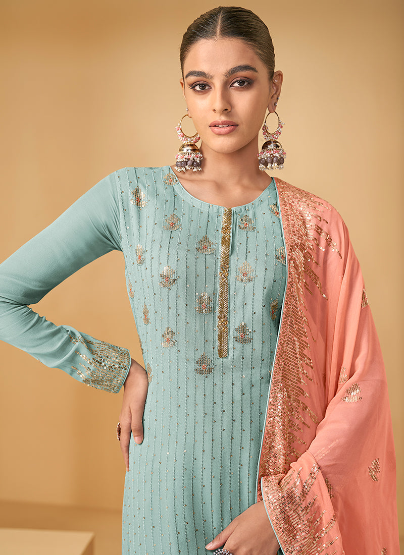 Blue And Peach Sequence Embroidery Georgette Gharara Suit - nirshaa