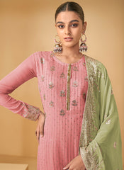 Pink And Green Sequence Embroidery Georgette Gharara Suit - nirshaa